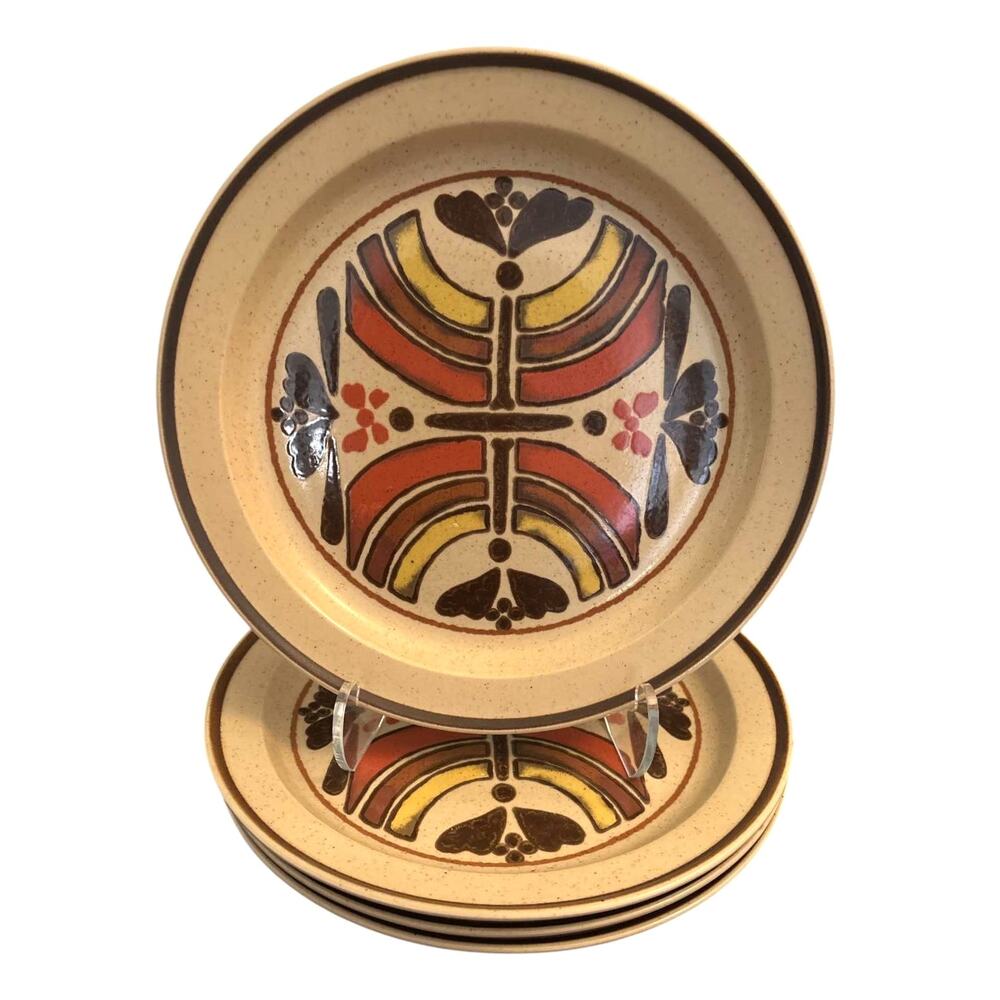 Vintage Set 4 YUCATAN Stoneware Dinner Plates Brown Orange Yellow 10.5" Japan
